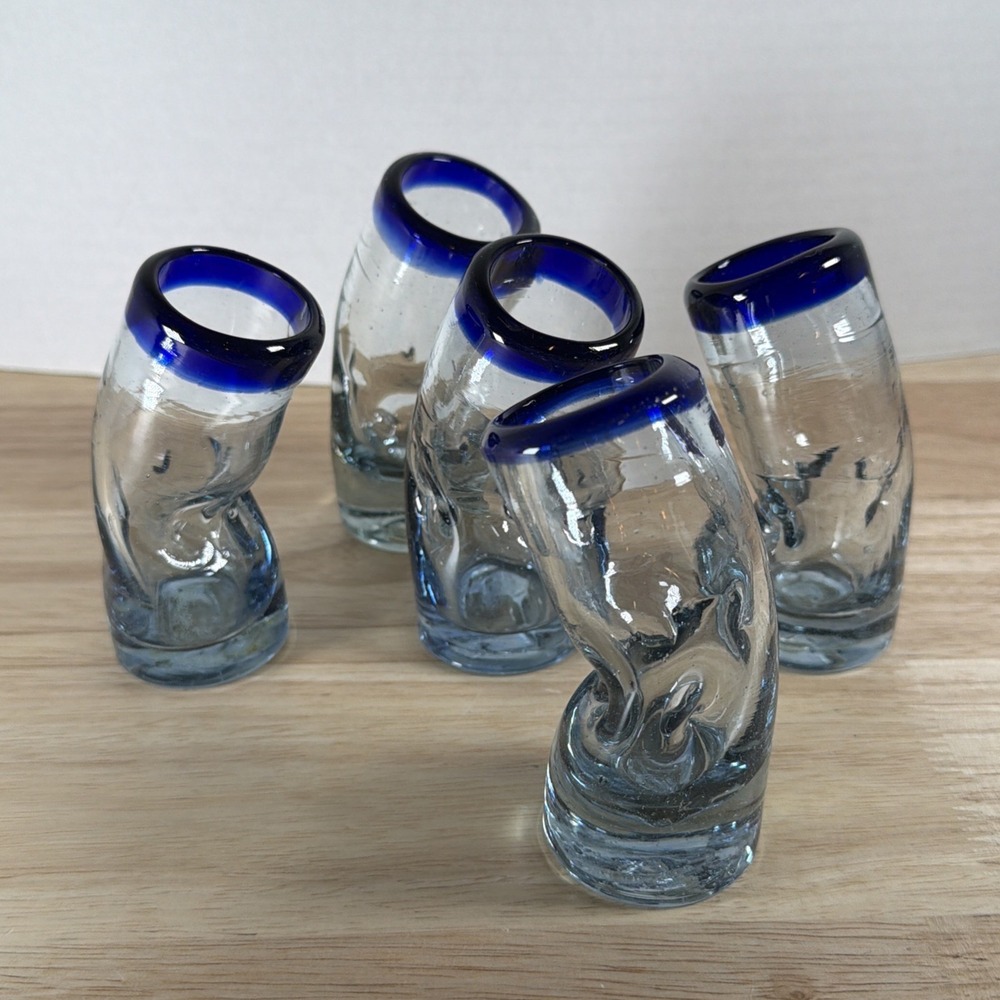 5 Mexican Drinking Glasses 3.75" Hand Blown Bent Pinched Cobalt Blue Rim
